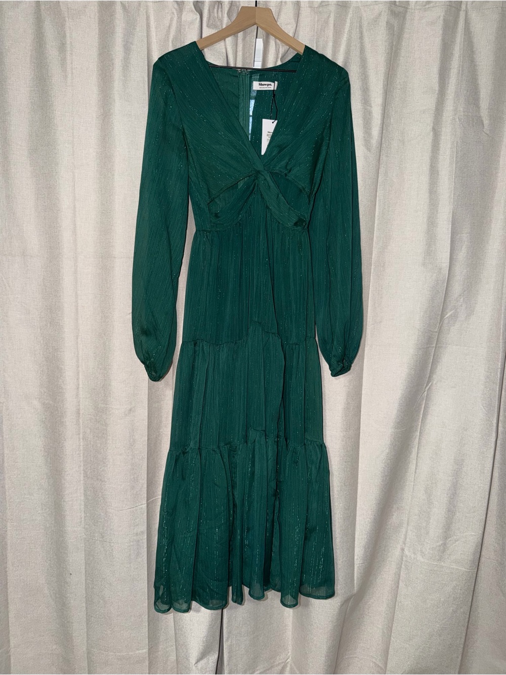 Showpo Deep Emerald Green Long Sleeve Tiered Midi Dress
